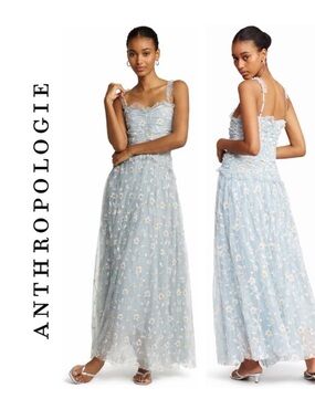 By Anthropologie Sleeveless Tulle A-line maxi dress Pale Blue Floral BHLDN